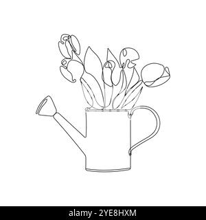 Arrosoir avec des fleurs. Une seule ligne Bouquet de tulipes dans un arrosoir. Illustration vectorielle de printemps. Illustration de Vecteur