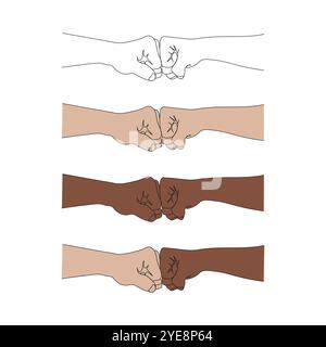 Deux mains donnant un coup de poing. Pose et gestes. Concept de travail d'équipe, de partenariat, d'amitié. Illustration vectorielle à une ligne. Illustration de Vecteur