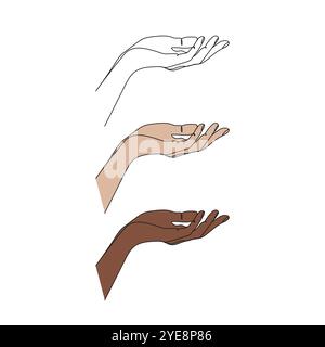 Main tendue paume vers le haut. Une seule ligne Geste de la main. Pose et gestes. Illustration vectorielle dessinée à la main. Illustration de Vecteur