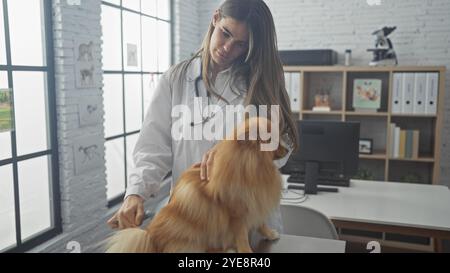 Une jeune femme vétérinaire examine un chien de poméranie dans une clinique vétérinaire bien équipée. Banque D'Images