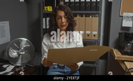 Une femme brune d'âge moyen examine des dossiers dans un bureau de détective encombré, évoquant un sens de l'investigation. Banque D'Images