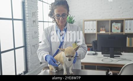 Une vétérinaire d'âge moyen examine un chihuahua dans un cadre vétérinaire clinique en intérieur Banque D'Images