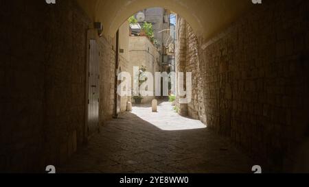 Une ruelle étroite et ensoleillée avec des murs et des arches en pierre à bari, en italie, présentant des plantes et des bâtiments résidentiels. Banque D'Images