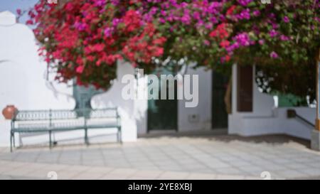 Scène extérieure floue à lanzarote, en espagne, avec une vue défocalisée de fleurs vibrantes, de bâtiments blancs, de bancs et une cour pavée capturant la canette Banque D'Images