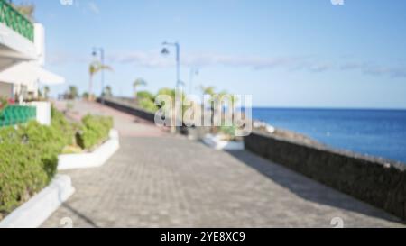 Scène extérieure floue à lanzarote, îles canaries, montrant une promenade pittoresque avec de la verdure, des palmiers lointains et l'océan bleu sous un ciel clair Banque D'Images