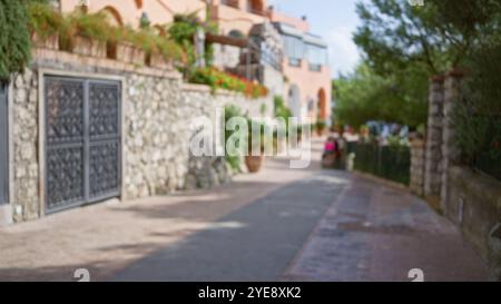 Scène de rue floue avec ambiance de luxe à capri, en italie, avec une architecture défocalisée et des plantes le long du chemin de pierre créant une atmosphère sereine. Banque D'Images