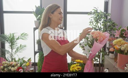 Une femme souriante dans un tablier rouge organise un bouquet dans un magasin de fleurs lumineux, mettant en valeur diverses belles fleurs. Banque D'Images