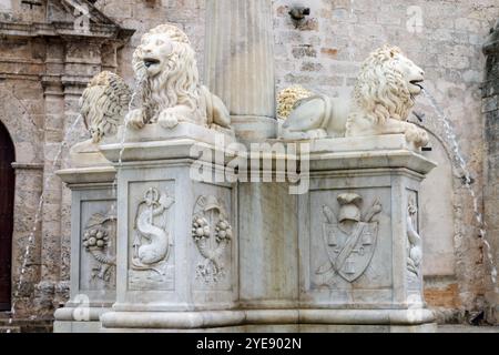 Le Fuente de los leones sur la Plaza de San Francis d'Asisi dans le centre-ville de la Habana (la Havane), Cuba Banque D'Images