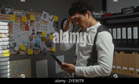 Un homme hispanique stressé examine les preuves dans un bureau de détective rempli de crime. Banque D'Images