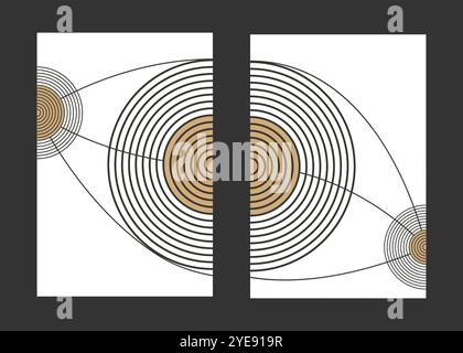 Diptyque d'art mural minimaliste abstrait. Affiches de cercles minimalistes reliés par des courbes. Planètes abstraites. Formes géométriques de couleur pastel, conception de cercles. Illustration de Vecteur