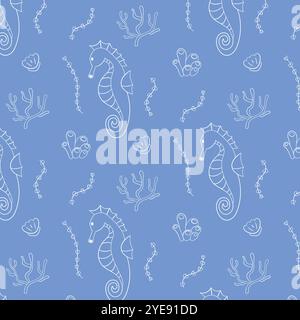 Modèle sans couture avec illustration dessinée à la main d'hippocampe, de corail, d'algues et de coquille sur un fond bleu. Idéal pour un design inspiré de l'océan, tissu Illustration de Vecteur