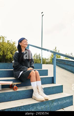 Un jeune étudiant asiatique élégant sourit tout en étant assis sur des marches bleues, trempant dans la journée ensoleillée à l'extérieur. Banque D'Images