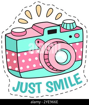 Mignon, rétro appareil photo en turquoise et rose avec un grand sourire pour inspirer la joie et la positivité. Immortalisez les moments de votre vie avec style avec cet appareil photo joyeux Illustration de Vecteur