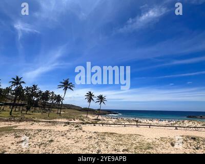 La plage d'Anakena sur l'île de Pâques, au Chili, présente du sable blanc, des eaux turquoises et de grands palmiers sous un vaste ciel bleu, offrant un Rapa Nui tropical Banque D'Images