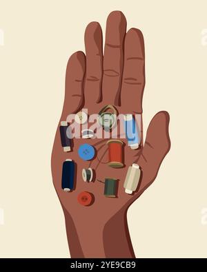 Une main montre un kit de couture compact avec des fils et des boutons de différentes couleurs Illustration de Vecteur