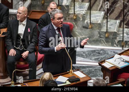 Paris, France. 30 octobre 2024. Le vice-ministre français des Transports François Durovray intervient lors d’une séance de questions au gouvernement à l’Assemblée nationale à Paris le 30 octobre 2024. Photo de Firas Abdullah/ABACAPRESS. COM Credit : Abaca Press/Alamy Live News Banque D'Images