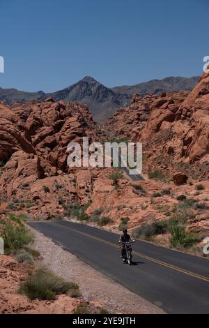 Motocycliste parcourant l'autoroute de Mouses Tank Road à travers Valley of Fire State Park, Nevada, États-Unis d'Amérique, Amérique du Nord Banque D'Images