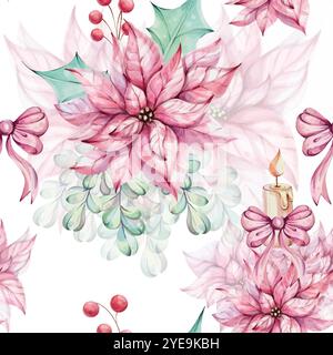 Motif aquarelle de Noël sans couture - bouquet de fleurs poinsettia rouge, compositions avec des feuilles vertes houx et gui, baies rouges avec arc Illustration de Vecteur