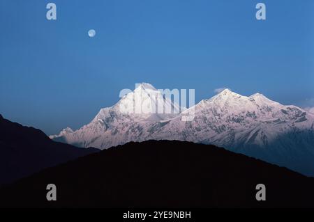 Coucher de lune dans un ciel dégagé au-dessus des pics Dhaulagiri et Tukuche au Népal ; Népal Banque D'Images