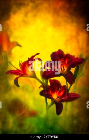 Plan artistique de Daylys (Hemerocallis 'Joey Langdon') fleurs sur fond doré dans le jardin botanique de New York dans le Bronx Banque D'Images