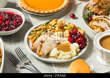 Assiette dinde de Thanksgiving avec haricots de farce de pommes de terre et canneberges Banque D'Images