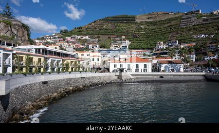 Des bâtiments ensoleillés le long du magnifique front de mer de Camara de Lobos et des plantes poussant le long d'un mur en terrasses, sur l'île de Madère, en Espagne Banque D'Images