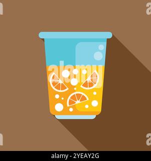 Jus d'orange avec bulles et tranches d'orange dans une tasse en plastique, représentant une boisson rafraîchissante d'été Illustration de Vecteur