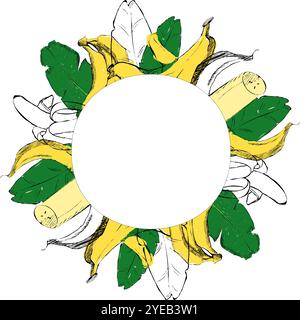 Cadre circulaire graphique banane, illustration vectorielle banane avec feuilles tropicales. Fruits tropicaux mûrs dessinés à la main autour de la bordure. Idéal pour la conception de M. Illustration de Vecteur