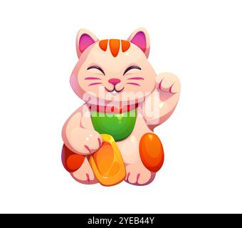 Dessin animé Lucky japonais maneki neko Lucky Cat. Souvenir de chaton joyeux vecteur isolé avec un sourire amical et une patte relevée tenant un lingot d'or. Figure traditionnelle symbole de bonne chance et de prospérité Illustration de Vecteur