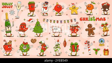 Personnages de Noël groovy de dessin animé pour les vacances d'hiver, emoji drôle de vecteur. Arbre de Noël groovy avec des cadeaux de Père Noël, homme en pain d'épices funky et chocolat avec guimauve comme personnages de dessins animés rétro Illustration de Vecteur