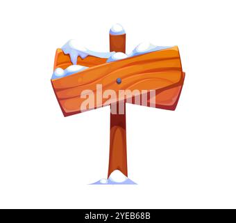 Panneau d'affichage en bois de Noël d'hiver avec de la neige. Panneau directionnel de vecteur de bande dessinée isolé ou panneau d'affichage routier avec deux planches de bois croisées et texture rustique recouverte de neige, attaché à un poteau vertical Illustration de Vecteur