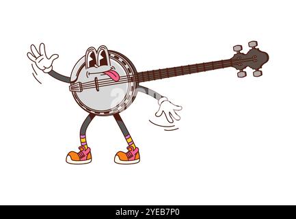 Personnage d'instrument de musique groovy de banjo de dessin animé. Vecteur isolé pincé personnage de fantaisie avec long vautour et cordes jouant folk, country, musique ethnique. Instrument souriant vintage américain Illustration de Vecteur