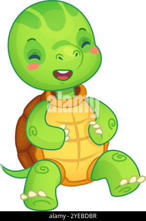 Tortue de dessin animé joyeuse rit les yeux fermés, exsudant joie et ludique. Parfait pour les enfants, les tout-petits et les enfants d'âge préscolaire. Isolé sur blanc, ajoute Illustration de Vecteur
