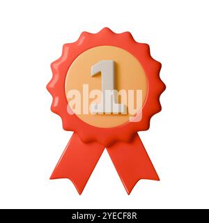 Illustration vectorielle 3D du ruban rouge de récompense avec 1 badge. Design d'emblème propre et moderne pour célébrer les réalisations, les victoires ou les meilleures performances Illustration de Vecteur
