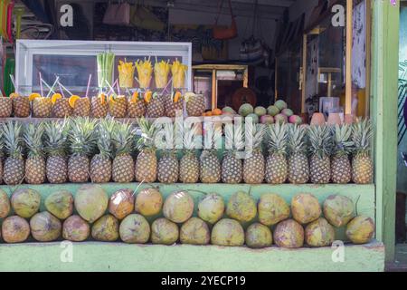 Un stand de fruits vert et jaune animé rempli d'ananas frais et de noix de coco, créant une atmosphère tropicale vibrante les jours ensoleillés Banque D'Images