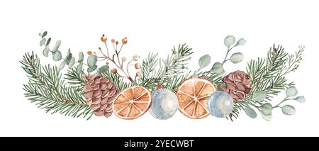 Plantes d'hiver guirlande d'aquarelle. Composition de Noël ou du nouvel an. Branches de sapin, eucalyptus, cônes de pin et tranches d'orange sèches avec boules de verre bleues Banque D'Images
