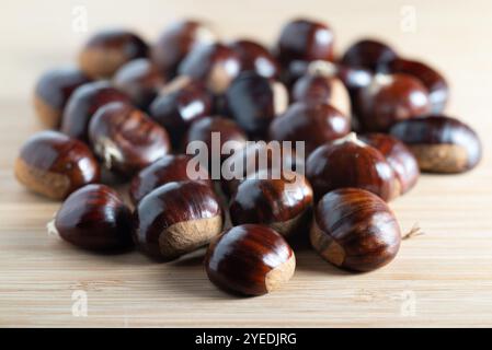 Un tas de châtaignes crues fraîches sur une surface de table en bois, soulignant les coquillages bruns brillants et les textures naturelles de l'automne. Banque D'Images