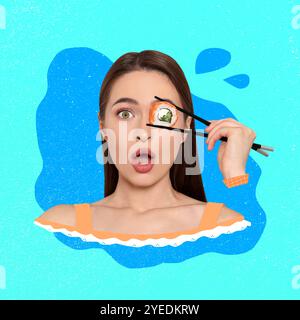 Jeune femme surprise tenant un rouleau de sushi avec des baguettes près de son œil sur fond clair, collage créatif Banque D'Images