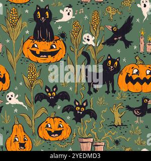 Motif vintage drôle d'Halloween dans le style de dessin animé rétro. Chats noirs mignons, citrouilles et chauves-souris pour la fête d'Halloween. Banque D'Images