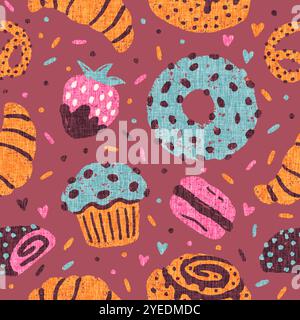 Modèle sans couture de desserts. Motif avec beignet, croissatns, biscuits et cupcakes. Banque D'Images