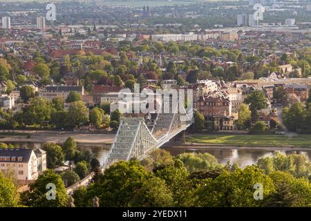 Blick auf die Elbbrücke Blaues Wunder - das ist der inoffizielle Name der Loschwitzer Brücke die in Dresden über die Elbe führt und die Stadtteile Blasewitz am linken und Loschwitz am rechten Ufer miteinander verbindet. *** Vue du pont de l'Elbe Blaues Wunder, qui est le nom officieux du pont de Loschwitz qui traverse l'Elbe à Dresde et relie les quartiers de Blasewitz sur la rive gauche et de Loschwitz sur la rive droite Banque D'Images