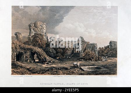 Gravure colorée des ruines du château de Rothesay sur l'île de Bute. Banque D'Images