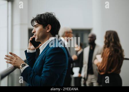 Vue latérale du jeune homme d'affaires parlant sur téléphone intelligent par balustrade Banque D'Images