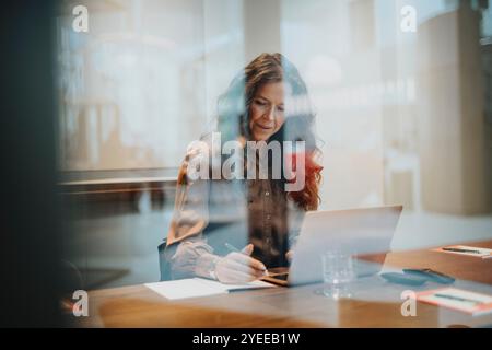 Femme d'affaires mature utilisant un ordinateur portable tout en étant assis au bureau dans le bureau Banque D'Images