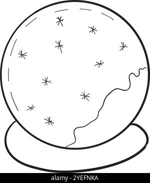 Boule à neige traditionnelle en verre de Noël avec flocons de neige à l'intérieur. Coloriage pour enfants pour les vacances. Cristal magique. Illustration vectorielle dessinée à la main, graphique noir et blanc Illustration de Vecteur