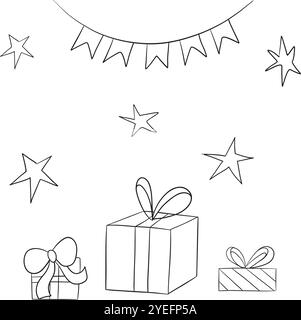 Vecteur défini pour les vacances. Illustration dessinée à la main de cadeaux, étoiles et guirlande. Composition graphique en noir et blanc. Pour bannières, cartes, invitations Illustration de Vecteur