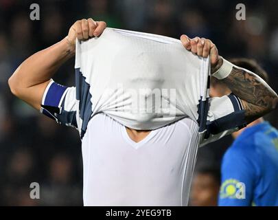 Empoli, Italie. 30 octobre 2024. Lautaro Martinez de l'Inter Milan réagit lors d'un match de football de série A entre Empoli et Inter Milan à Empoli, Italie, Oct. 30, 2024. Crédit : Alberto Lingria/Xinhua/Alamy Live News Banque D'Images