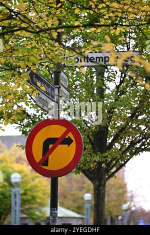 Hässleholm, Skåne, Suède. Octobre 28 2024. Signalisation routière suédoise. Banque D'Images