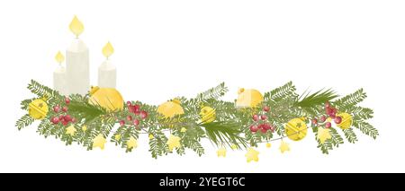 Aquarelle illustration décoration avec branches de sapin avec cloches d'or, arbre de Noël rond jouets jaunes, baies rouges, bougies avec flamme, guirlande Banque D'Images
