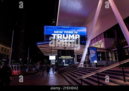 Pancartes pour Donald Trump à l'extérieur du Madison Square Garden lors d'un rassemblement de campagne à New York le 17 octobre 2024. Banque D'Images